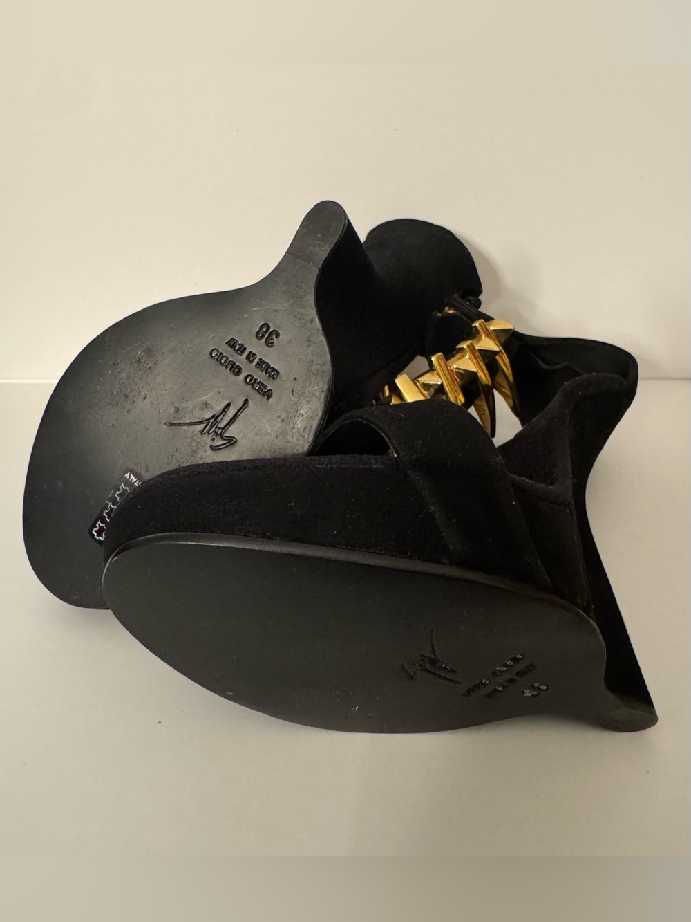 Giuseppe Zanotti Black Suede Platform Wedge Sandals w. Gold Spike Ankle Strap - Picture 2 of 3